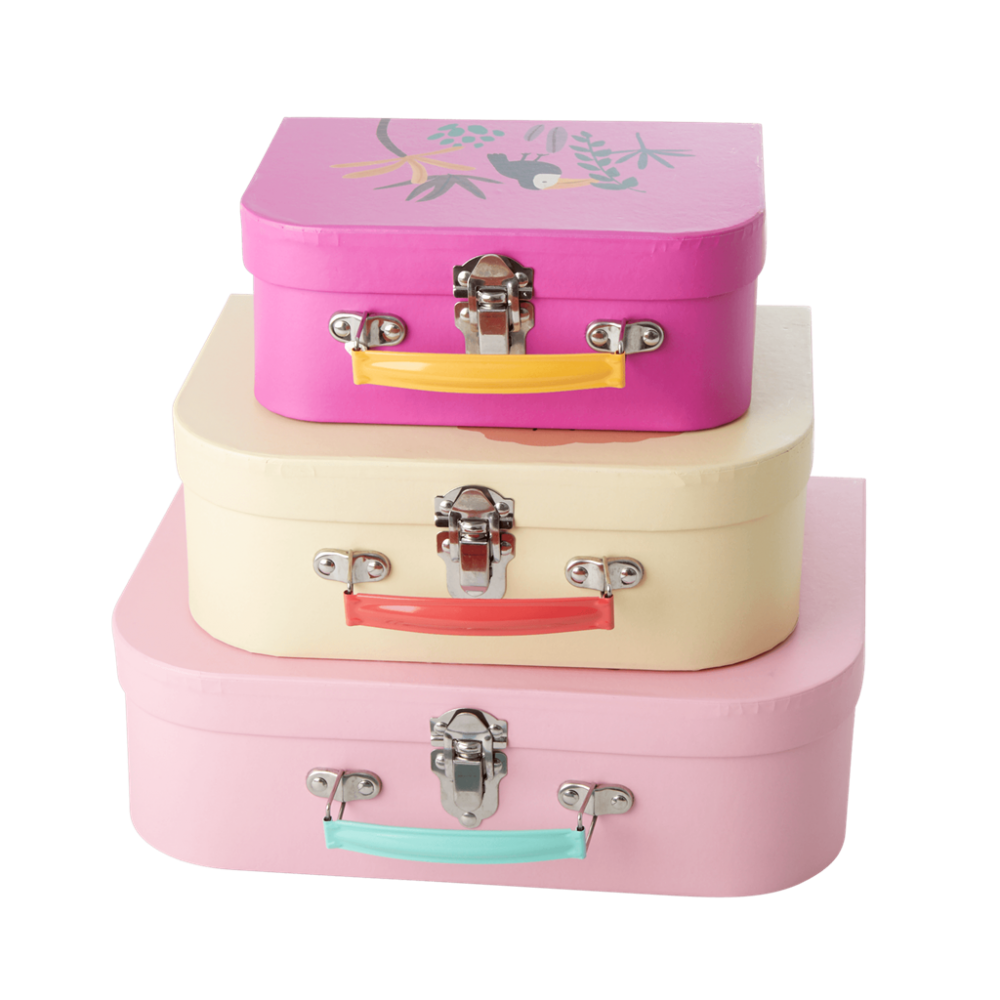 Set of 3 Children's Storage Suitcases Pink Jungle Bird Print By Rice DK